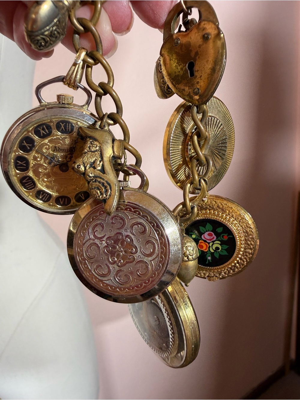 Vintage pocket watch heart lock gold brass Victorian Charm bracelet 7 in unique